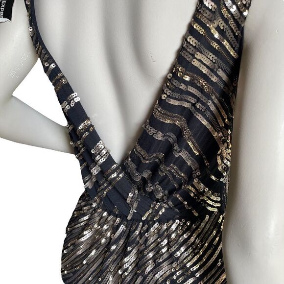New Express Surplice Dress Black Gold Sequins Mini Sleeveless Tank Top Womens XS - Picture 6 of 12